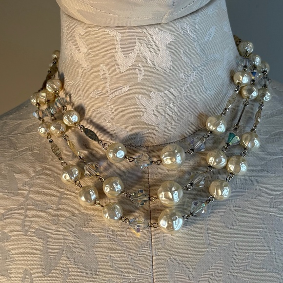 Vtg Japan Crystal and Faux Pearl Silvertone Triple Strand Necklace - Picture 1 of 16